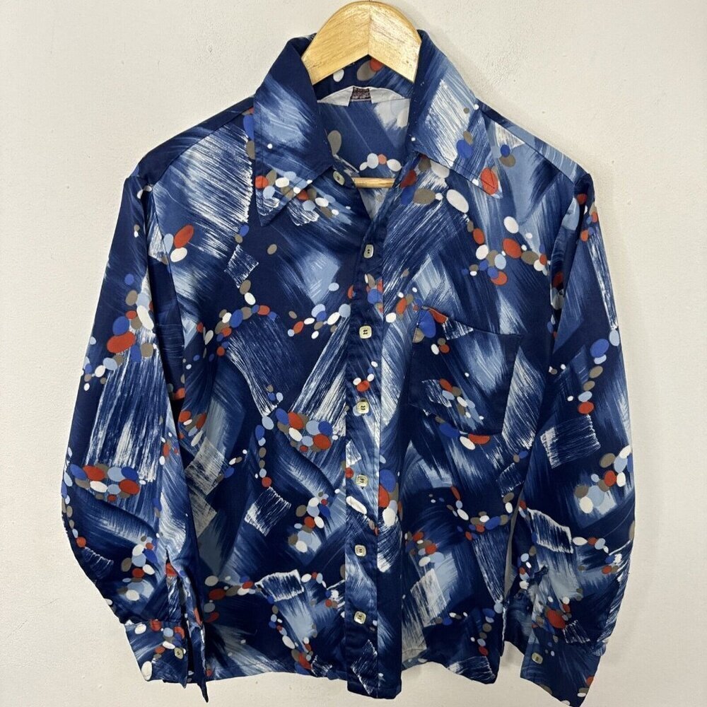 Vintage 70s Sears Sports Life‎ Disco Hipster Men M 15.5 Polyester Shirt Blue